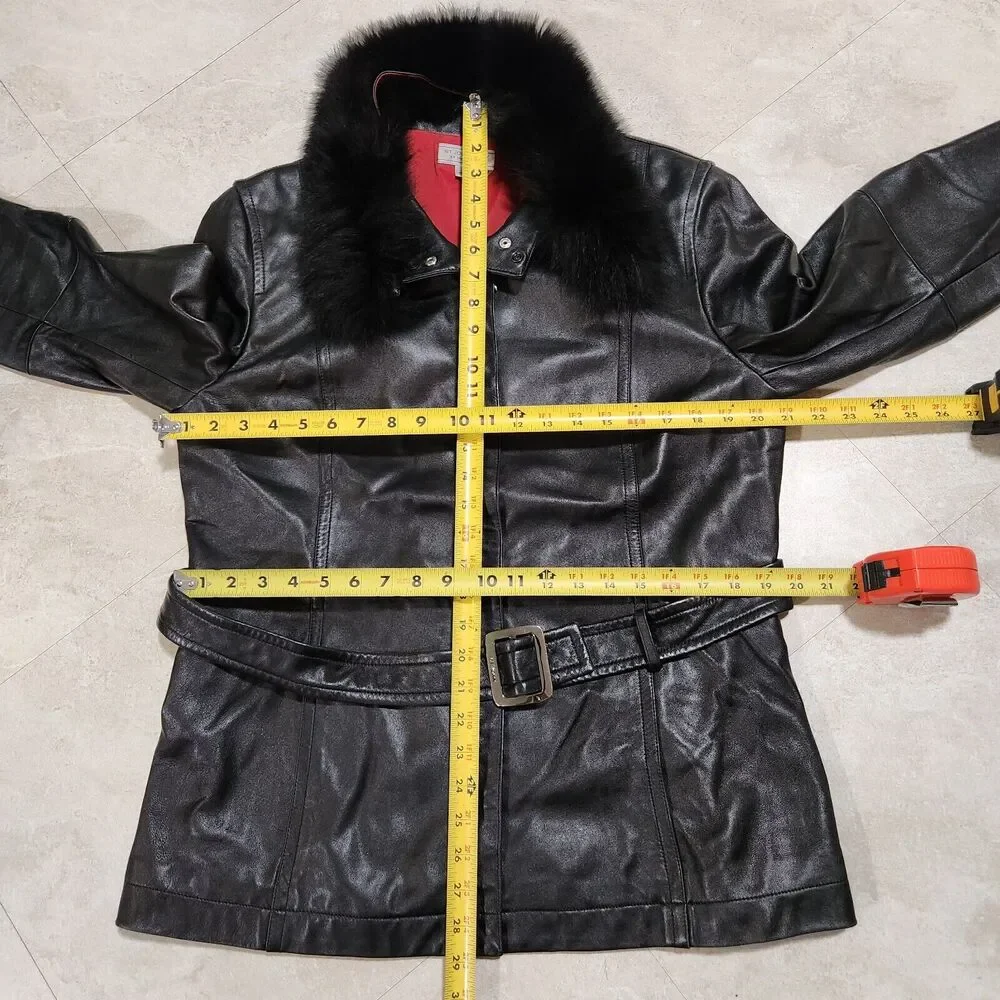 St Saint John Sport Marie Gray Womens L‎ Large Belted Leather Fur Collar Jacket